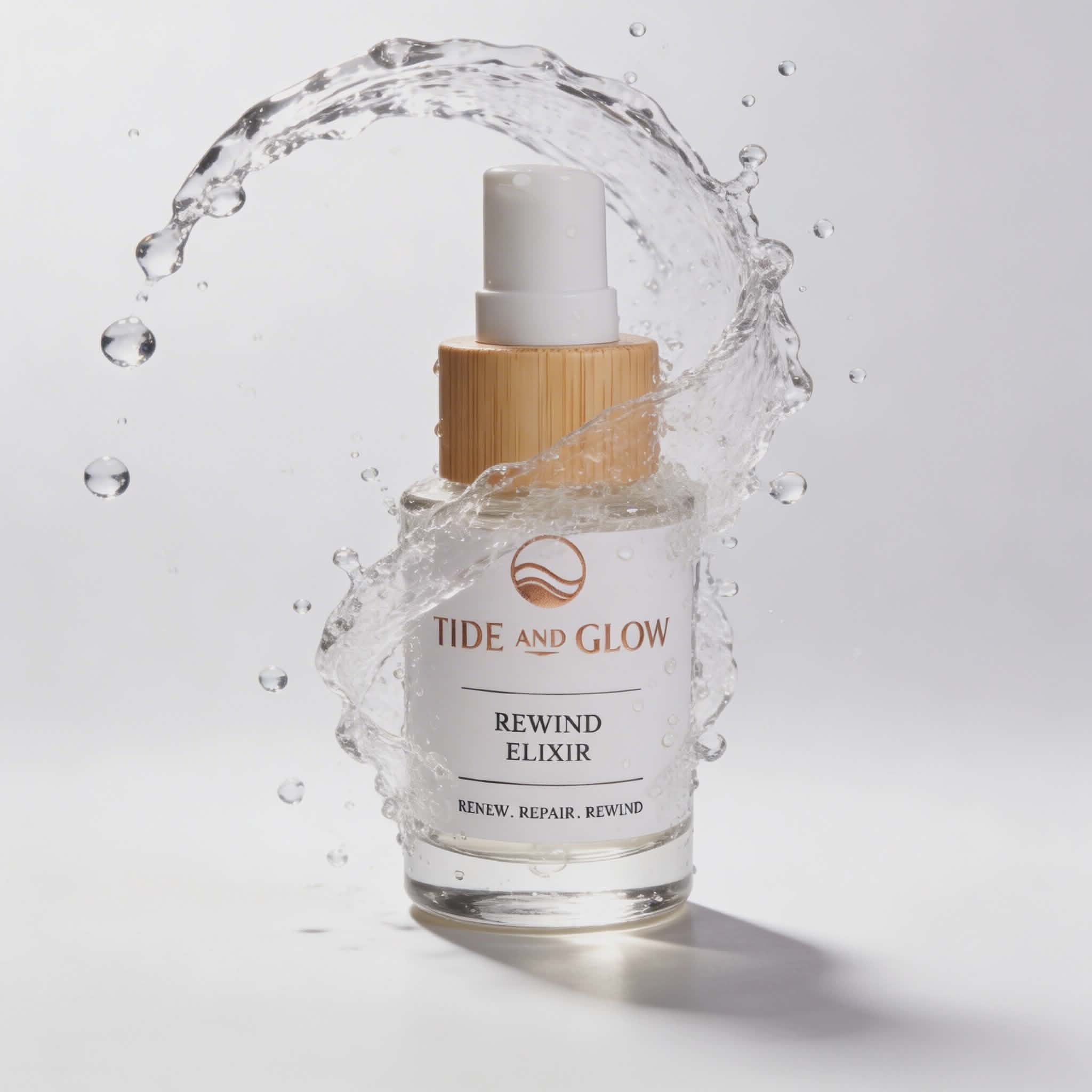 Tide and Glow Rewind Elixir bottle with water splash on a light background